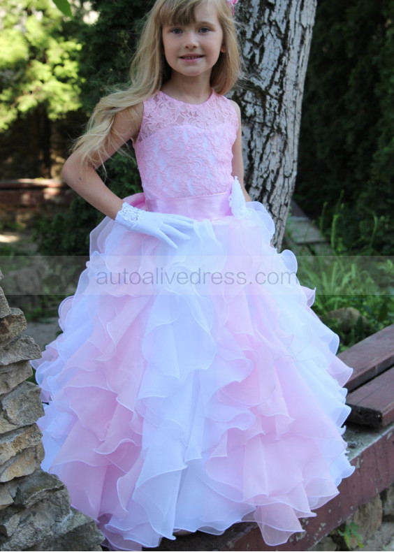 Illusion Neck Pink Lace Organza Ruffle Long Flower Girl Dress